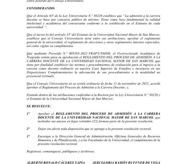 Reglamento del Proceso de Admisión a la Carrera Docente de la Universidad Nacional Mayor De San Marcos