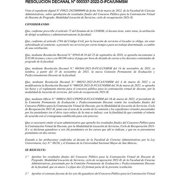 Resultados finales del Concurso Público para la Contratación Virtual de Docente de Pregrado, Modalidad Locación de Servicios, ciclo de recuperación 2021-II