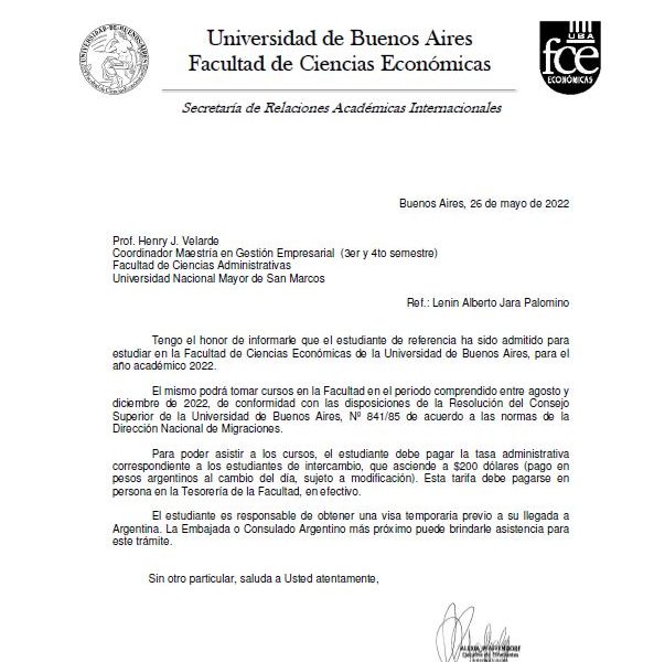 Estudiantes de pregrado de Ciencias Administrativas son admitidos en Universidad de Buenos Aires