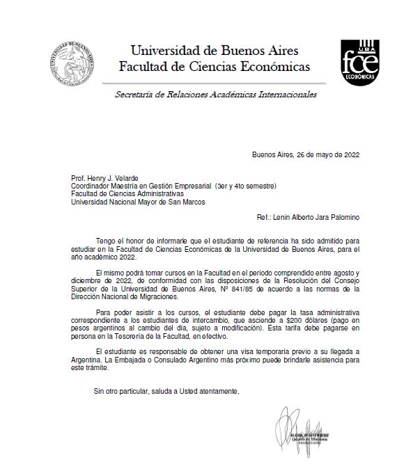 Estudiantes de pregrado de Ciencias Administrativas son admitidos en Universidad de Buenos Aires