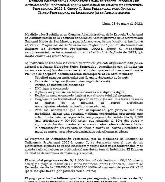 Reprogramación del tercer programa de actualización profesional para optar el título de Licenciado (a) en Administración