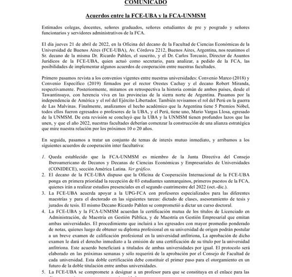 Acuerdos entre la Universidad de Buenos Aires y Facultad de Ciencias Administrativas