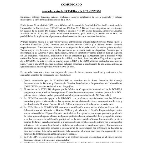 Acuerdos entre la Universidad de Buenos Aires y Facultad de Ciencias Administrativas