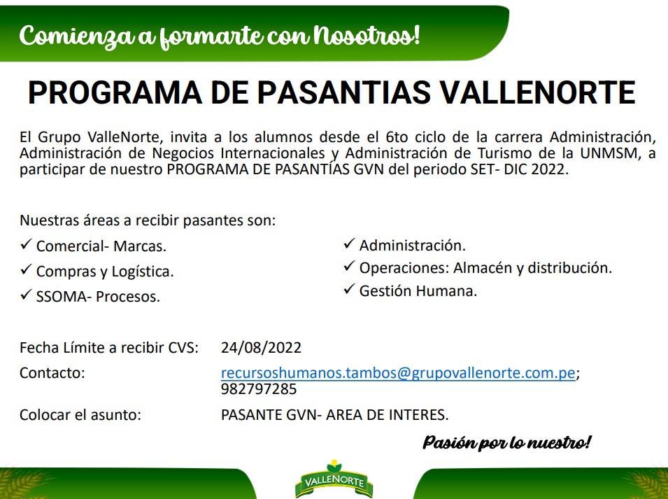 Programa de pasantías en Grupo Vallenorte, setiembre a diciembre del 2022