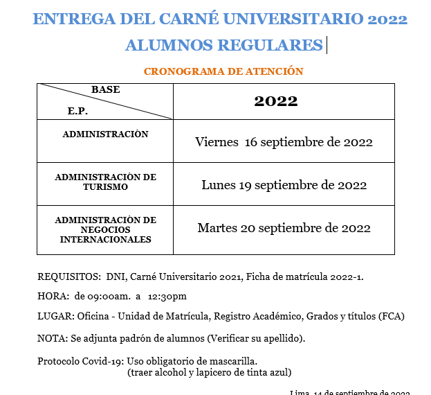 Cronograma de entrega del carné universitario 2022 para alumnos regulares