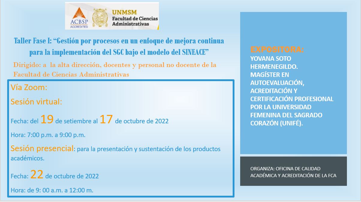 Taller: “Gestión por procesos en un enfoque de mejora continua para la implementación del SGC bajo el modelo del SINEACE”