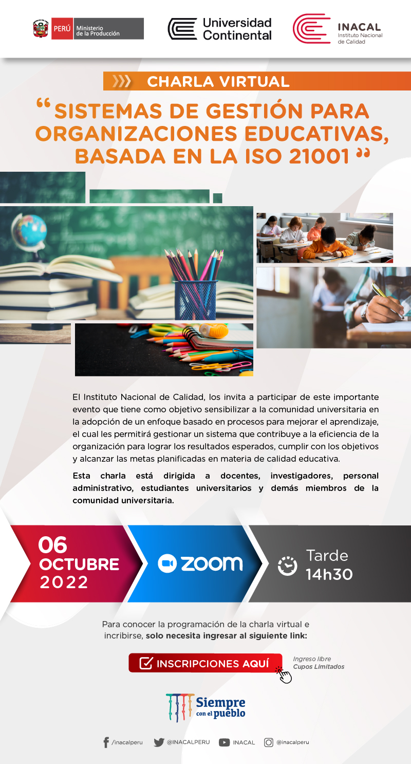 Charla virtual: «Sistemas de Gestión para Organizaciones Educativas, Basadas en la ISO 21001»