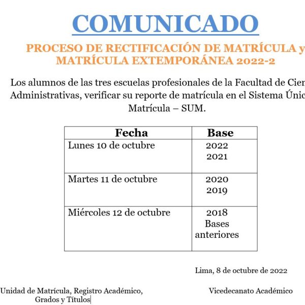 Proceso de Rectificación de Matrícula y Matrícula Extemporánea 2022-2