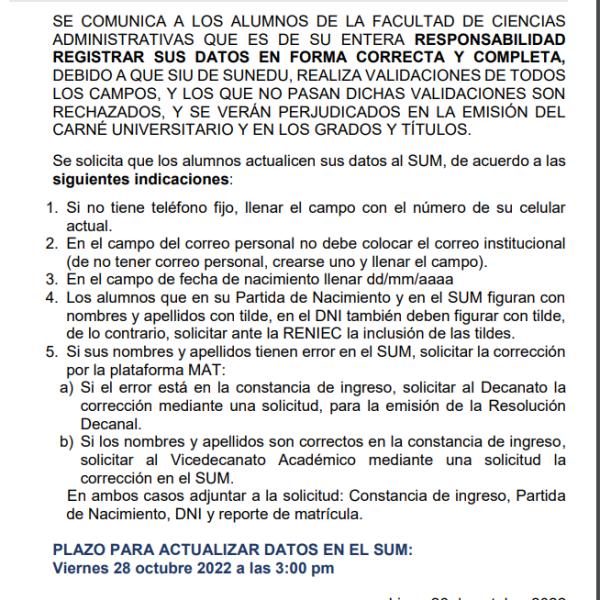 Registro de datos en el Sistema Único de Matrícula (SUM)