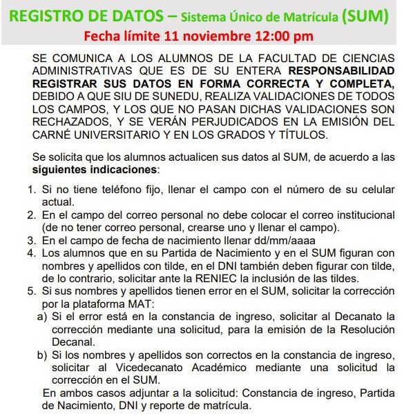 Fecha límite para registro de datos en el SUM es el 11 de noviembre