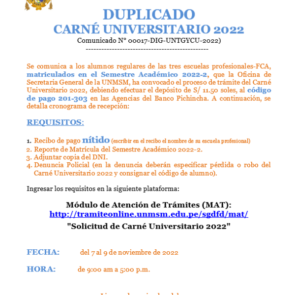 Cronograma: trámite para duplicado de carné universitario 2022