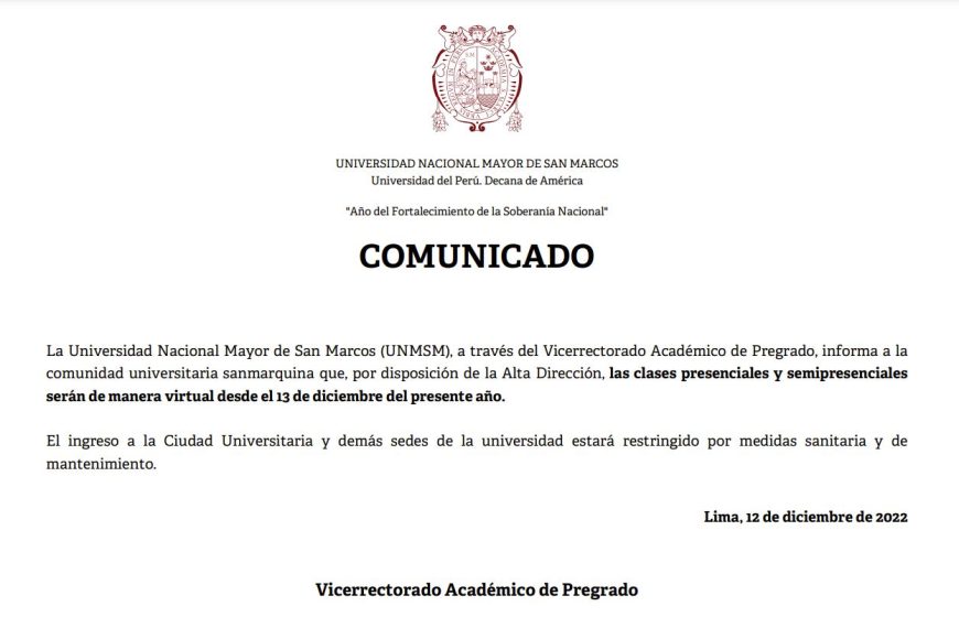 Clases presenciales y semipresenciales serán de manera virtual a partir del 13 de diciembre del presente año.