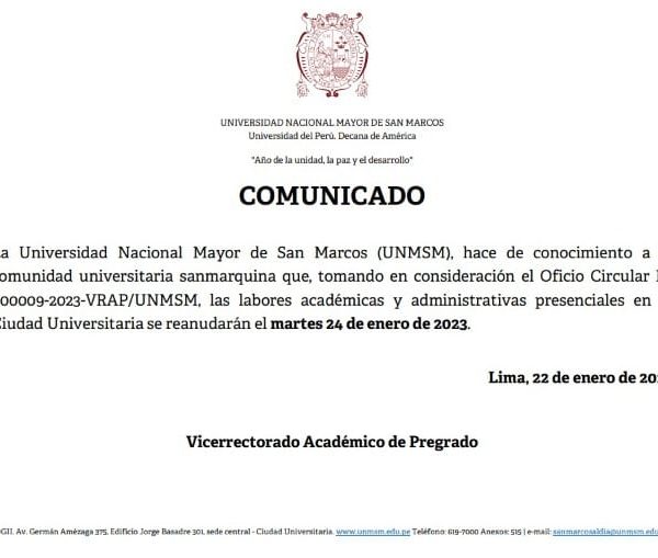 Actividades presenciales en la UNMSM se reinician el 24 de enero