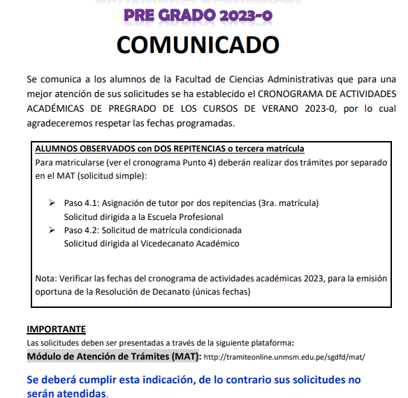 Cronograma interno FCA: Actividades académicas de pregrado 2023-0