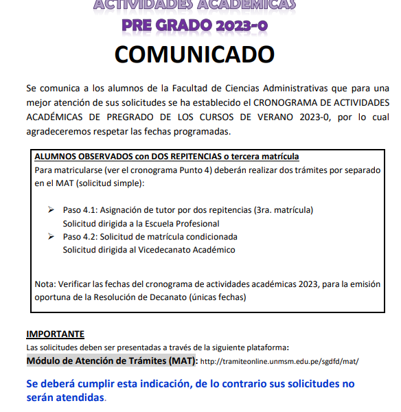 Cronograma interno FCA: Actividades académicas de pregrado 2023-0