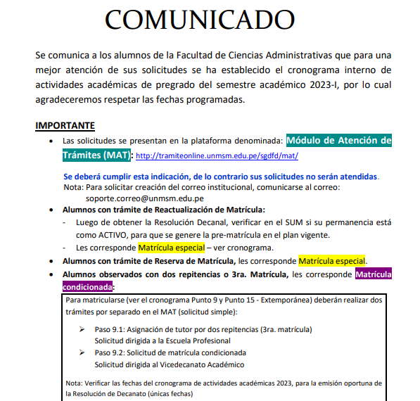 Cronograma interno de actividades académicas 2023-I