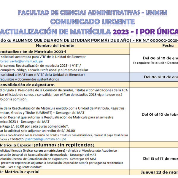 Reactualización de matrícula 2023-I: por única vez hasta el 11 de enero