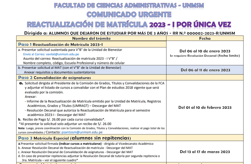 Reactualización de matrícula 2023-I: por única vez hasta el 11 de enero