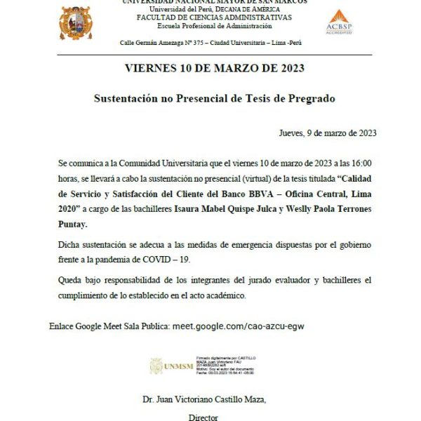EP de Administración: Sustentación no presencial de tesis de pregrado