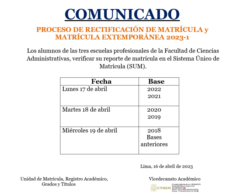 Comunicado Proceso De Rectificación Y Matrícula Extemporánea 2023 I Facultad De Ciencias 5423