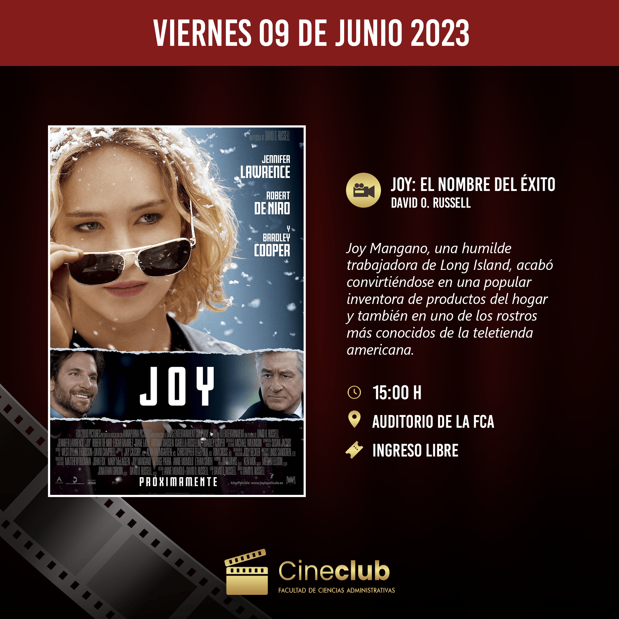 Te esperamos el 9 de junio en la proyección de la película “Joy. El nombre del éxito”