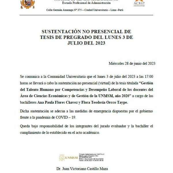 Sustentación de tesis: Sobre desempeño de docentes del área de Ciencias Económicas