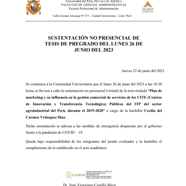 Sustentación de tesis: “Plan de marketing y su influencia en la gestión comercial de servicios de los CITE