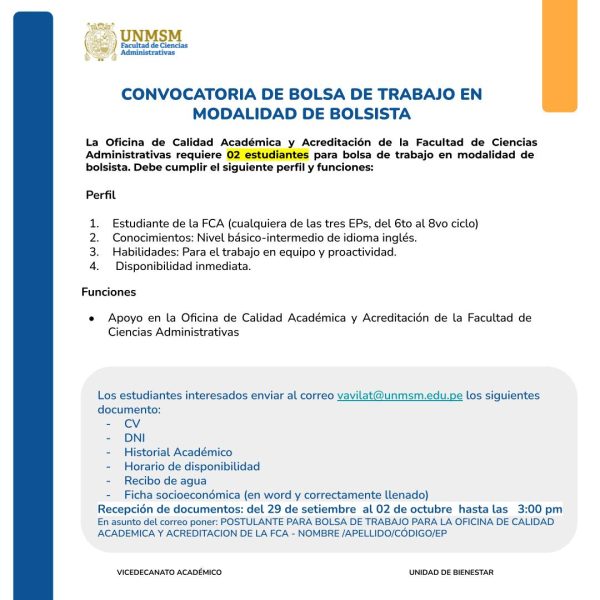 Convocatoria: apoyo administrativo modalidad Bolsa de Trabajo