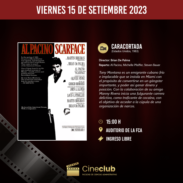 Caracortada de Al Pacino, es la cinta que proyectaremos el 15 de setiembre