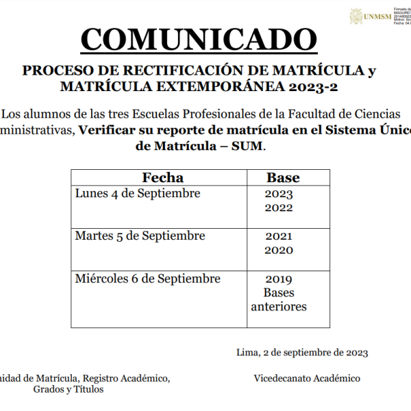 Cronograma: Proceso de rectificación de matrícula y matrícula extemporánea 2023-II