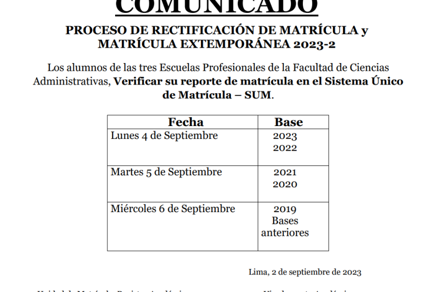 Cronograma: Proceso de rectificación de matrícula y matrícula extemporánea 2023-II