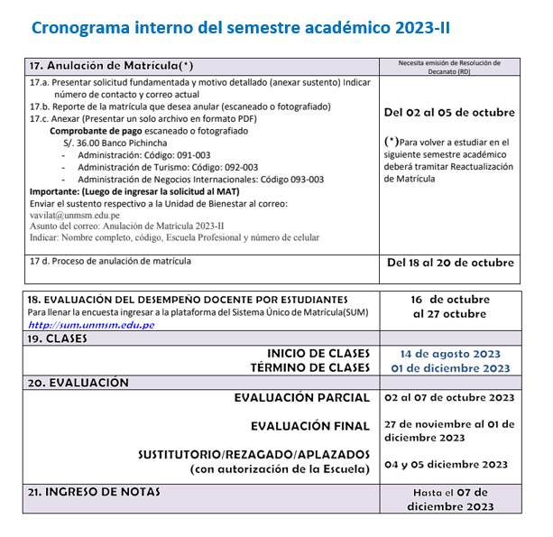 Cronograma interno del Semestre Académico 2023-II