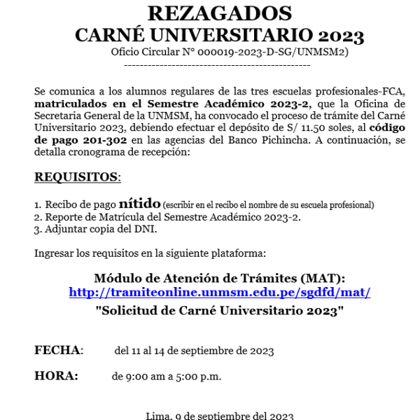 Cronograma: Rezagados carné universitario 2023