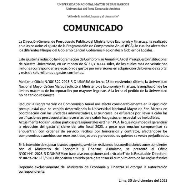 Comunicado de la Secretaria General de la UNMSM