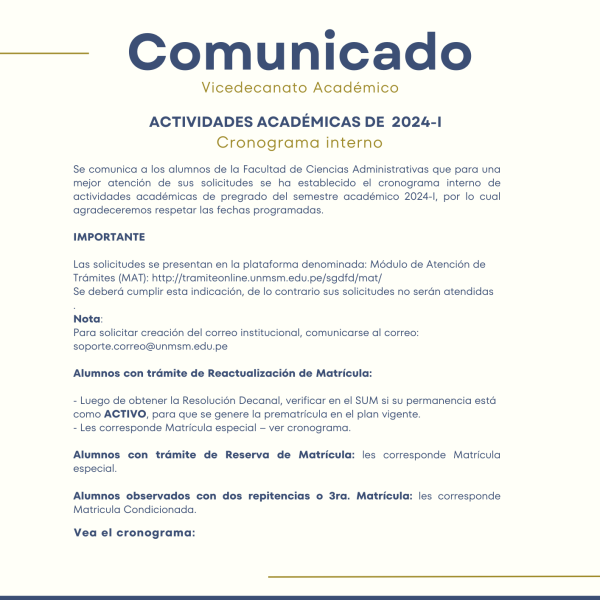 Cronograma interno: Actividades académicas 2024-I