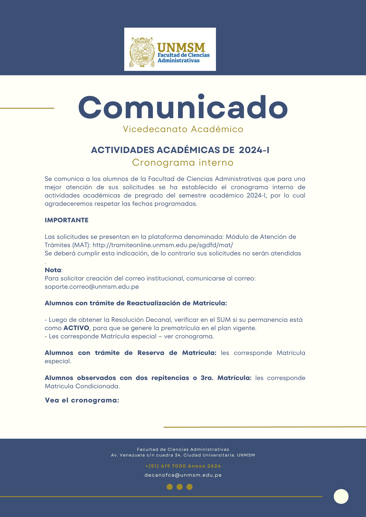 Cronograma interno: Actividades académicas 2024-I
