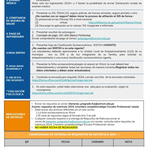 Cronograma de entrega de requisitos de matrícula 2024