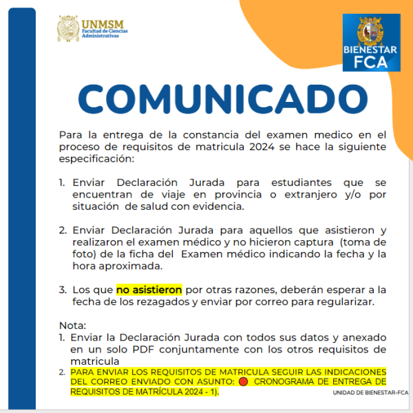 Comunicado: Entrega de requisitos de matrícula 2024-I