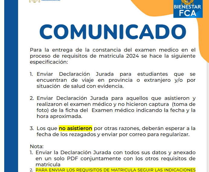 Comunicado: Entrega de requisitos de matrícula 2024-I
