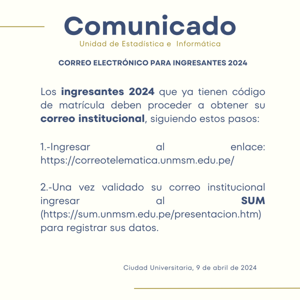 Ingresantes 2024 con código de matrícula deben gestionar correo electrónico