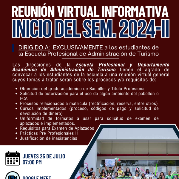 Reunión virtual: Inicio de semestre 2024-II para Turismo