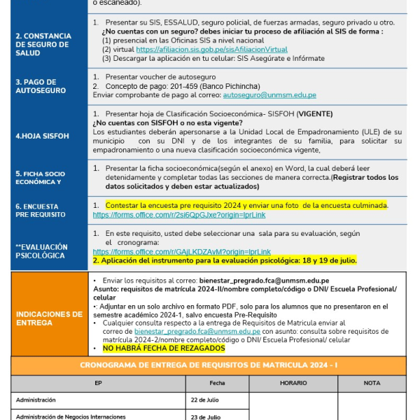 Cronograma de entrega de requisitos de matrícula 2024-II
