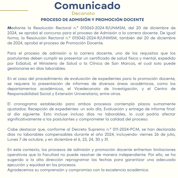 Comunicado sobre el proceso de Admisión y Promoción Docente