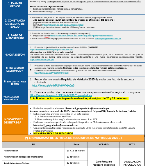 Cronograma de entrega de requisitos de matrícula 2025-I