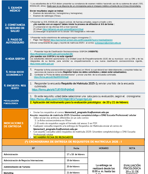 Cronograma de entrega de requisitos de matrícula 2025-I
