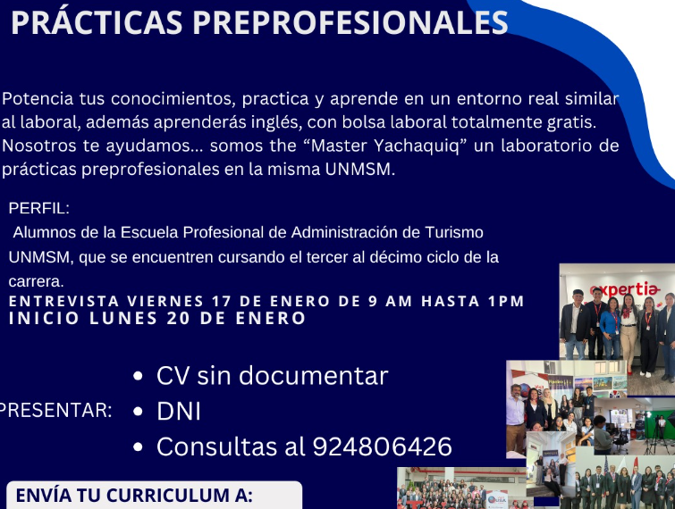 Convocatoria de prácticas preprofesionales para estudiantes de Turismo