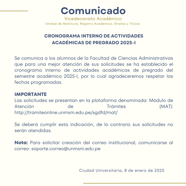 FCA: Cronograma interno de actividades académicas de pregrado 2025-I