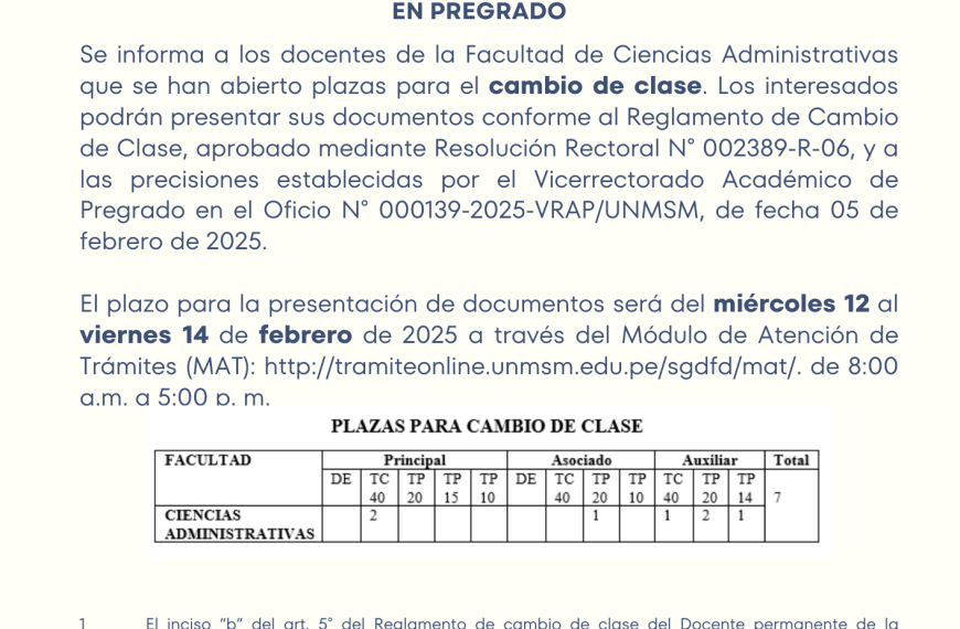 Apertura de plazas para cambio de clase en pregrado