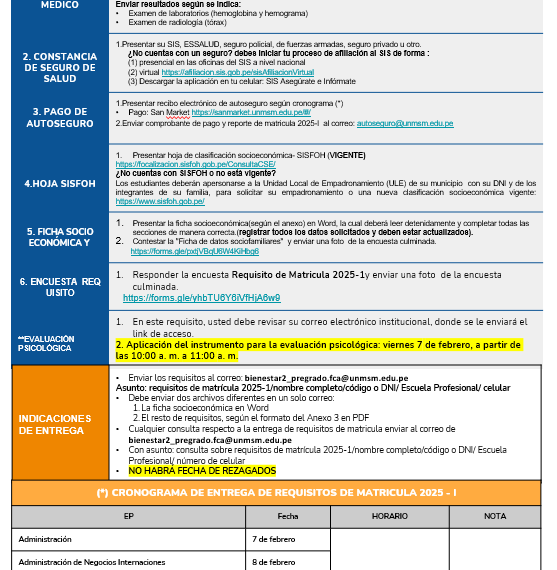 Ingresantes: Cronograma y requisitos de matrícula 2025-I