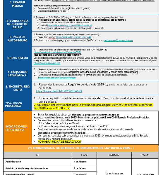 Ingresantes: Cronograma y requisitos de matrícula 2025-I